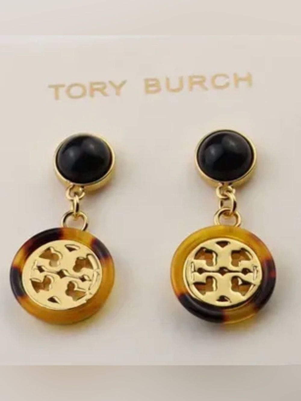 NWT Tory Burch Tortoiseshell Black Gem Double T Logo Drop Earrings 1.5" Dangle